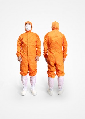 크린룸 무진 원피스 OP 방진복 오렌지 모자 부착형